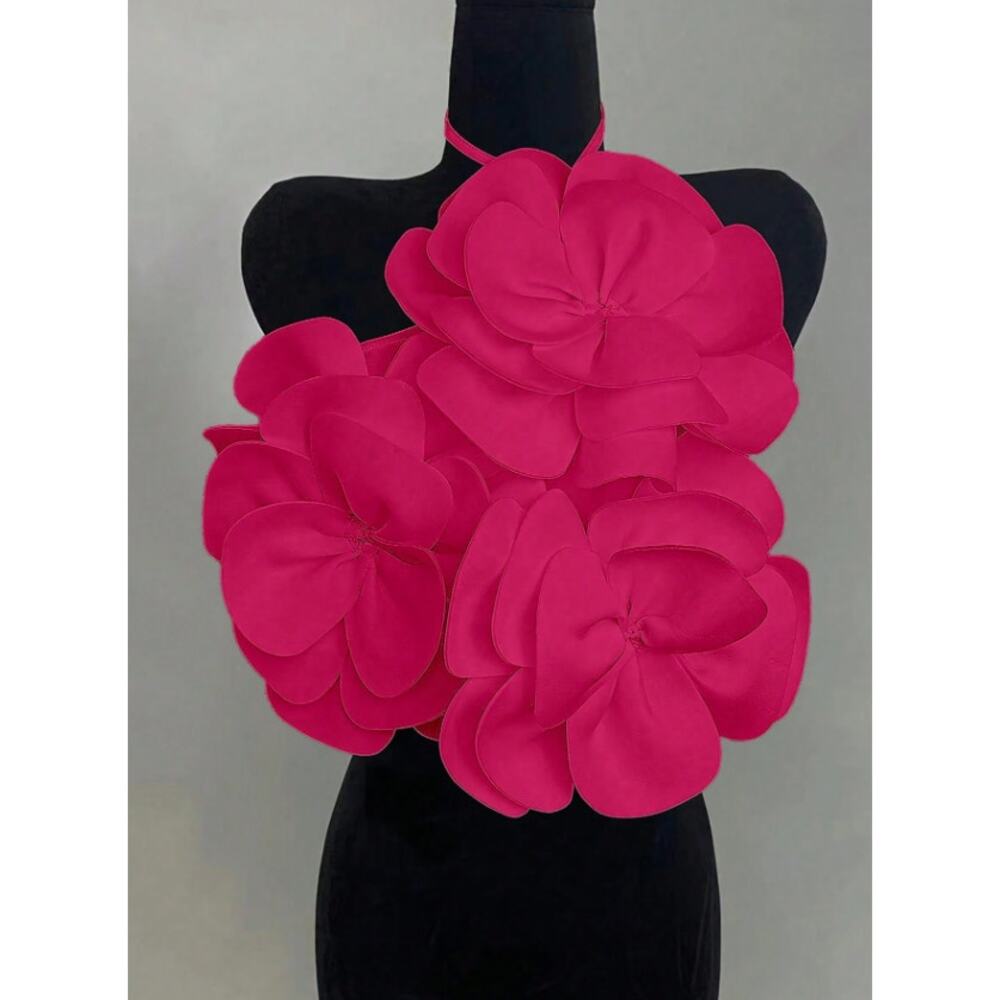 Hot Pink Bloom Sculpt Halter Top – Layered Dimensional Petal Design, Size M
